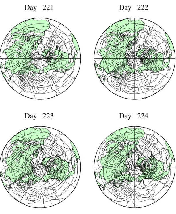 図 32: 帯状流のエネルギーが低い 221 日前後の順圧高度場の天気図