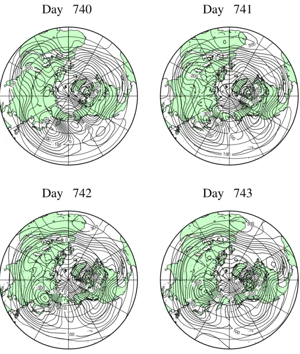 図 38: 帯状流のエネルギーが高い 740 日前後の順圧高度場の天気図