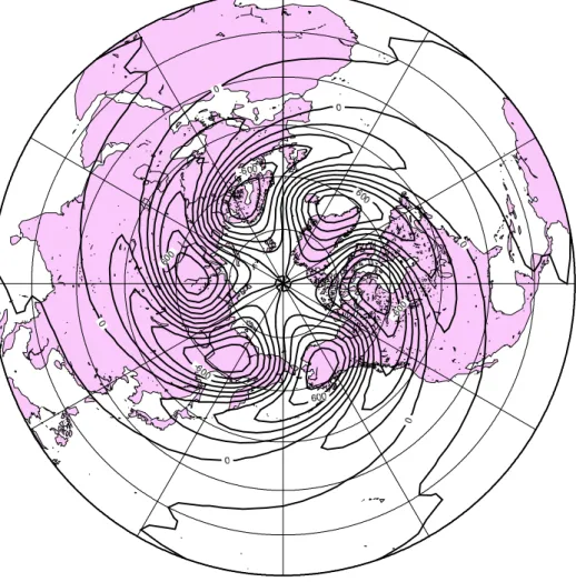 図 19: 1989 年 1 月の波数 3 における Polar モードの不安定構造。ジオポテンシャ ル高度の順圧高度場における振幅 m。