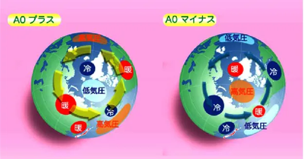 図 1: AO がプラスの時とマイナスの時の偏西風ジェット気流（矢印）と各地の気 温偏差（暖冷）および気圧偏差（高低）の分布図