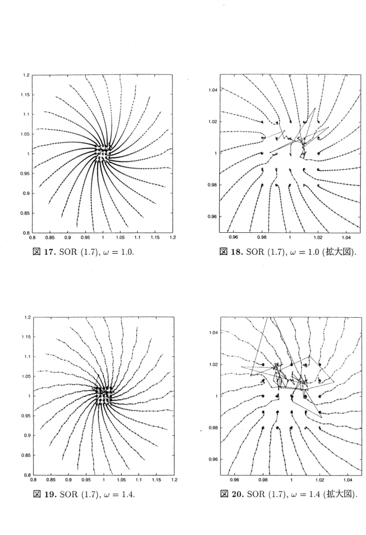 図 17. SOR $(1.\overline{/}),$ $\omega=1.0$ . 図 18. SOR (1.7), $\omega=1.0$ ( 拡大図 ).