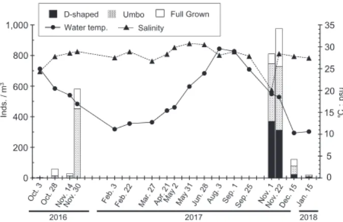 Fig. 2   Water temperature, salinity, and larval manila clam  densities, 2016–2018. Water temperature and salinity  were measured at 3 m depth at St