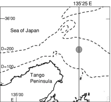 Fig. 1 Sampling station (solid circle) off the coast of Kyoto Prefecture. 調査から，本種の漁獲量のうち京都府沖合海域での漁 獲量の割合を地区ごとに得て，両地区の年別漁獲量に それぞれ乗じることで，京都府沖合海域における福井 県の漁獲量を推定した（Table 1）。 体長階級別漁獲尾数 ADAPT VPAに用いる年別の年 齢別漁獲尾数を算出するためには，年別の体長階級別 漁獲尾数が必要となる。そこで，2003∼2015年の毎年 7月に，