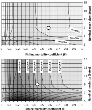 Fig. 8 Forecasts of stocks (upper left), catch (upper right), yield (lower left) and cumulative yield (lower right) using each nomi- nomi-nal mesh size.