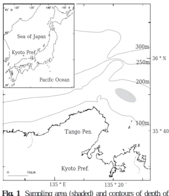 Fig. 1 Sampling area (shaded) and contours of depth off Kyoto Prefecture.