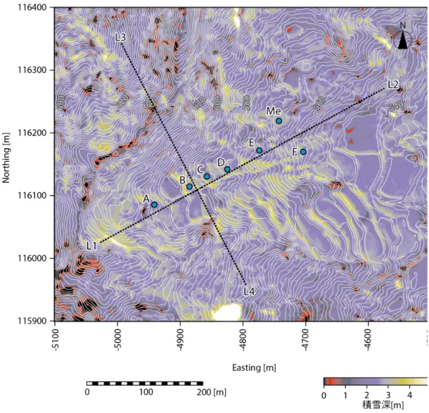 Fig. 3.5   Planar distribution of snow depth by the airborne laser scanning at the Busuno  landslide research site 