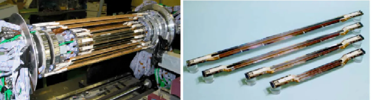 図 2.3: SVD 検出器 2.2.2 中央飛跡検出器 (CDC) 中央飛跡検出器は以下の３つの役割を果たす。 • 荷電粒子の飛跡の検出 • トリガー信号の生成 • 比較的低い運動量領域での粒子識別  検出した飛跡の、磁場中の曲率から荷電粒子の運動量を測定することができる。 CDC で測定した飛跡はさらに外側の検出器まで外挿され、そこにおける粒子識別にも必要であ る。トリガー情報はデータを取り込むべきイベントかどうかの判断をする。  中央飛跡検出器は、ヘリウムとエタンを１対１で混合したガスを満たし、その中