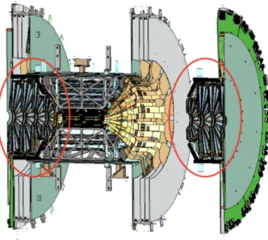 図 19 FVTX の形状と設置の位置．右側の FVTX は VTX から取り出したもの．