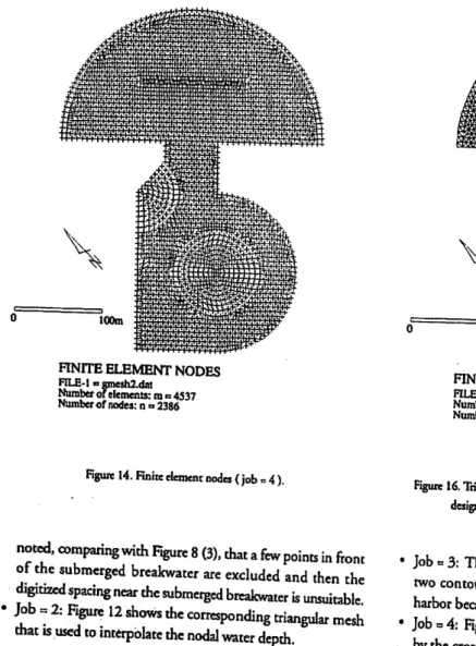 Figure 16. Triangular dement mesh for the linear finite element analysis, designed for waves with the period of 10 sees