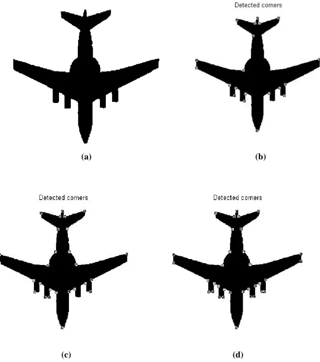 Figure 3. Corner detection over image airplane. a) Original image, b) Detected corner with CSS c) Detected corners with  modified CSS and d) Detected corner with the proposed method 