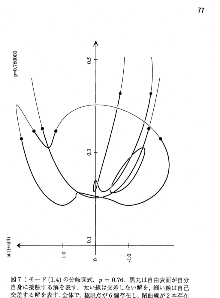 図 7: モード $(1,4)$ の分岐図式 . $p=0.76$ . 黒丸は自由表面が自分 自身に接触する解を表す . 太い線は交差しない解を , 細い線は自己 交差する解を表す