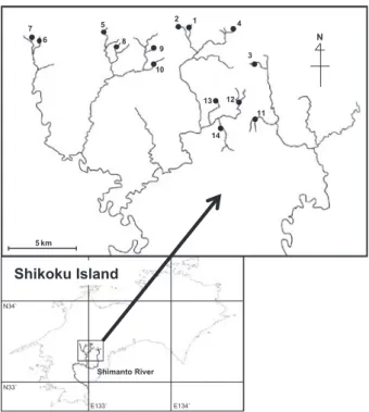 Fig. 1. The Shimanto River and sampling locations ( • ). 