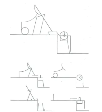 Fig.  2  Third stage: Objects completely translated into energy  tensions; complicated constructions with displacements in  individual components; over-all scheme made visible by dashed  lines