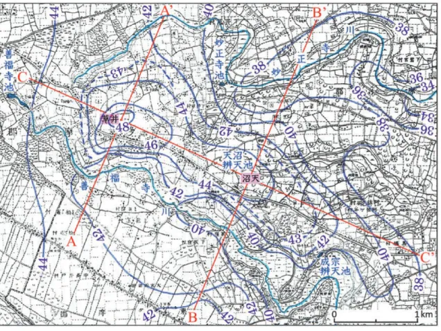 図 7 杉並区上井草四丁目・天沼一丁目一帯における地下水堆の分布        吉村（1940a）の地下水面図に基づき，1891（明治24）年測量迅速図        「板橋驛」・1894（明治27）年測量迅速図「田無町」を基図に作成． 図 8 「井草」・「天沼」とその周辺地域の地下水面断面図         断面の位置（A―A ・B―B ・C―C ）は図7に示す．         吉村（1940a）に基づき作成．