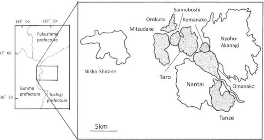 Fig. 2　 Map showing the distribution of volcanic ediﬁces in the Nikko volcano group. Dotted areas show the volcanoes which belong  to the Nikko lava dome group