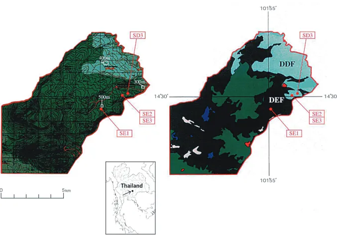 Figure 1 Topographic and vegetation map of Sakaerat Environmental Research Station