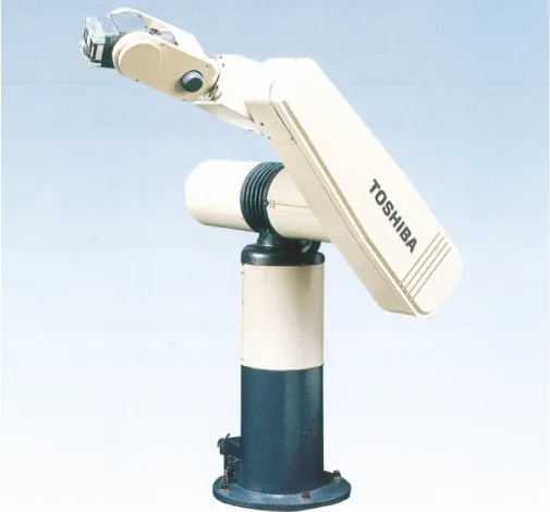 Fig. 1.3 PUMA-type robot arm SR-606V by Toshiba Corporation [16]. て剛性については有利だが，ロボットアームを大型にすれば剛性が下がってしまうので，やは り振動抑制制御が必要である。 ASEA 型は，閉リンク機構のモデリングと同定の議論が別途 必要なため，本論文では扱わないことにする。 振動抑制については，アーム先端の位置制御だけではなく，組立作業や磨き作業など接触作 業に必要な力制御でも重要である。特に，作業対象物が堅い場合，アームの機械共振