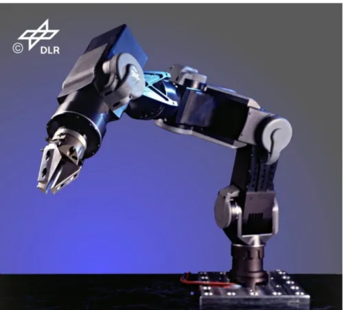 Fig. 2.1 Light-weight robot Version II “LWR II” by DLR [148]. 簡約モデル [36] に基づき DLR ロボットアームの振動制御について多くの発表をしている [149]–[156] 。物理パラメータ推定についての論文もあり，関節剛性や摩擦係数の推定方法が示 されている [149][154] 。しかし，リンク側の角度センサとトルクセンサ出力に頼った各軸毎の 簡易な計測にとどまっており，本来考慮すべきリンク間の連成振動の影響についての記述が全 くなく，
