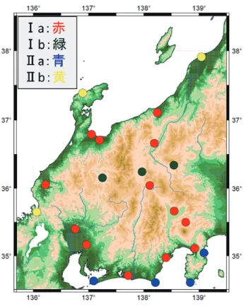 図 9 に，クラスター分析によって分類された 4 グルー プごとに平均した，最大平均風速の年変化を示す。ま た，グループごとに見た，最大風速のノーマライズしな い値の年変化を合わせて図 10に示す。図 9 によれば，1 月や 12月の冬期にⅠのグループは他の月よりも相対的 に最大風速が小さくなっている。さらにⅠとⅡを細かく 見ると，Ⅰ aは最大風速が9月にのみ相対的に大きくなる 傾向が顕著である。Ⅰ bは，Ⅰaと同じく9月に大きくな るが10月に極端に減少する。また，図10によればⅠb はⅠ aよりも風速の