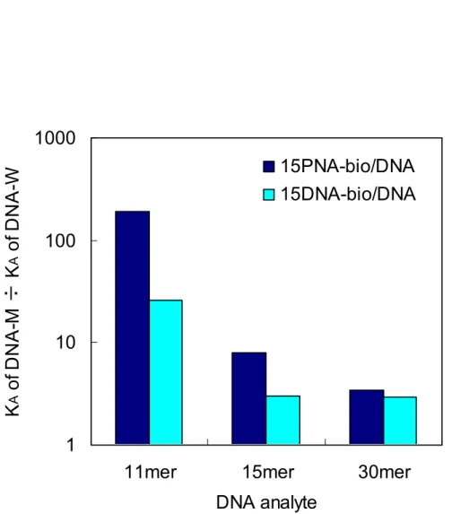 Figure 2.24        Ratio  of  binding constants (K A )  between the complementary DNA (M) to that of the mismatched DNA (W) at 40  ℃   of 15PNA-bio and 15DNA-bio ligands