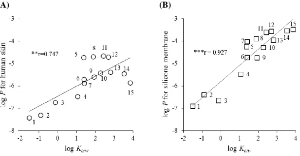Fig. 1. Relationships between log K o/w  and log P of the applied chemical compounds  for human skin (A) and silicone membrane (B)