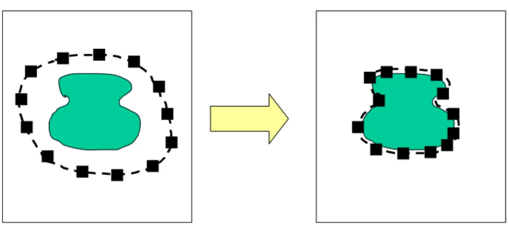 図 2.8: 動画輪郭法 (Snakes) の概要 サービスである情報ナビゲーション型未来放送の研究を行っている [62-77] ． その一環として，映像データに登場するオブジェクトの位置や大きさを編集するオーサリングソフ トウェアにて，複数情報の融合によるオブジェクトの自動追跡処理について研究している [63] ． 本方法は統合層，追跡層，特徴検出層の 3 階層にて構成され，最下位の特徴検出層にて，複数種類 の特徴検出器 (FD: Feature Detector) を設置する．提供される FD のとして