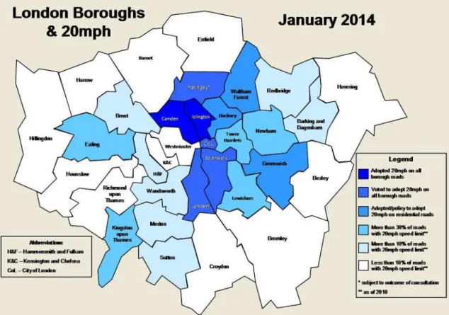 図 8 ロンドンにおける 20 マイルゾーンの導入状況（ 2014 年 1 月） 図 9 歩行者空間と車の空間が未区分 図 10 歩行者空間と車の空間の区分 る。さらに、シティ・オブ・ロンドン、サザク、ランベス及びハリンゲーでは全道路に  20 マイルゾーンを導 入するための投票が行われ、他のボローでも住宅地の道路で  20  マイルゾーンが導入されている。つまり、ロ ンドンでは中心部を含む広い範囲で  20  マイルゾーンの導入が進んでいるのである。 わが国では、道路における物理的な速度抑制装置の導入が欧
