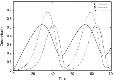 図 2.3 Minimal Mitotic Oscillator モデルの挙動 R 1 : cyclin の生成