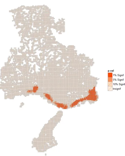 図 8 兵庫県 ッ ュ毎 p 値（2013 年，休⽇，1 km ッ ュ） 以上 兵庫県 ⼀般道路 発⽣ 交通事故 タ ン 分析 終わ ．以下 兵庫県以外 都府県（埼⽟県，東京都，及び⼤阪府） い ，同 ⼀般道路 発⽣ 交 通事故 タ ン を分析 結果 コ 図を⽰ ．分析 平⽇ 休⽇ 事故を分 ⾏ ，両者 間 ⼤ 差 い ，平⽇ 結果 を図 9〜 11 ⽰ ． 図 ， 都府県 い 交通事故 多発 い ターを判別 ． う ッ ュ い ，集中的 安全対策 必要性 ⾼い いえ う． ， Kuo et al 5) ，