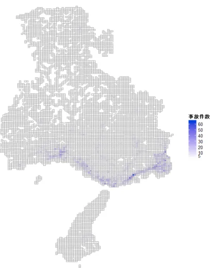 図 4 兵庫県 ⼀般道路 ⼈⾝事故件数（2013 年，休⽇，1 km ッ ュ）