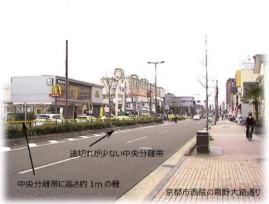 図 27  乱横断防⽌道路設備  整備 い 遈路 横断中 歩行者 故 殆 発生 い い 故 析 故 減 効 設備 考え 同様 設備 中央 離 い片側 車 線 遈路 採用 い 地域 あ 歩行者 優 い遈路環境 考慮 形 後 採用拡大 期待 食い遊い 段階横断歩遈設備  実用化 向 調査研究 重週 取 組 例 「8 示 交通 や商業施設 多 い単路 故 減 効 歩遈設備 効果 各種学会 報告 い 設備 横断歩遈 中央部 割 遈幅 い一方通行路 回横断 回 横断距離 短 体力面 1 段目横断 右方向 「 段目横 