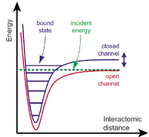 図 1.2 Feshbach 共鳴における開チャンネル (open channel) と閉チャンネル (closed channel) の概念図 [24] 。開チャンネルに対し閉チャンネルのエネルギーを外部磁場に よって制御することができる。開チャンネルにおける入射エネルギーと閉チャンネル の共有結合的な束縛状態のエネルギーが一致するときが、 Feshbach 共鳴点である。 が用いられる。これら２状態間の相互作用は、近距離の電子間斥力と、遠距離の van der Waals 引力によって形成される Len