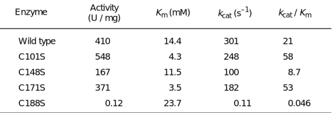 Table 1-1  各変異型酵素の速度論的パラメータ  Activity (U / mg) K m  (mM) k cat  (s –1 ) k cat  / K m 410 548 167 371     0.12 14.4  4.311.5  3.523.7 301248100182     0.11 2158   8.753   0.046Wild typeC101SC148SC171SC188SEnzyme   また、基質特異性に関する研究から、マロン酸に直接芳香族環が接続していなけ ればならない