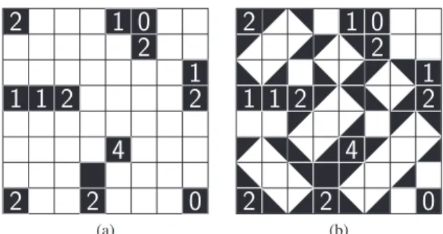 Fig. 1 An instance of the puzzle Shakashaka and its solution ([1]).