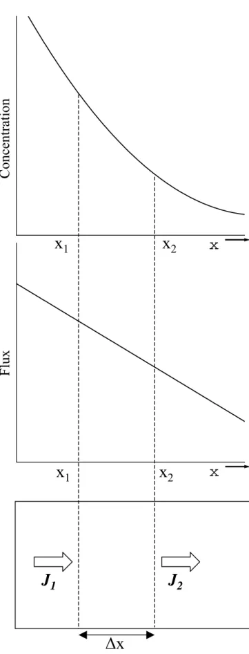 Figure 3.1: (a) concentration and (b) flux of diffusing species as a function of position x.