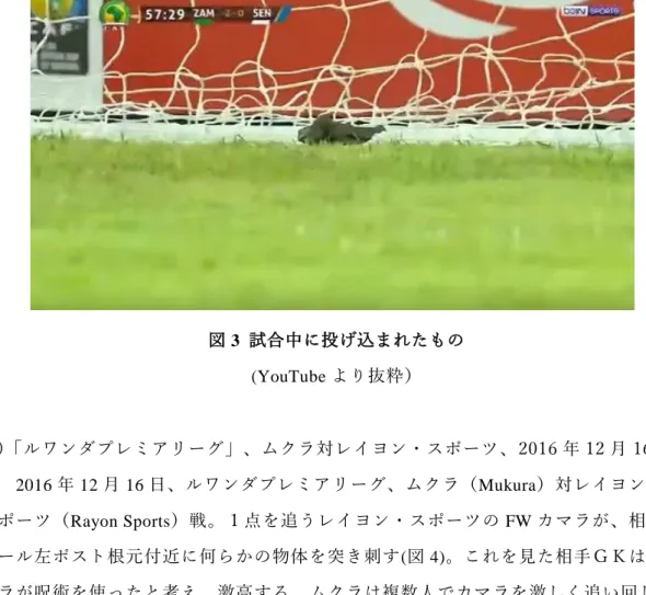 図 3  試合中に投げ込まれたもの  (YouTube より抜粋） 