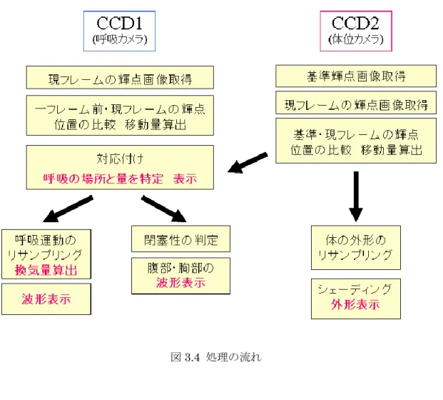 図 3.4  処理の流れ  3.3 FG を 用 い た 輝 点 投 影 原 理 はじめに、 輝点投影機から投影した輝点を 2 台の CCD カメラを用いて撮影する （ST11） 。 ここで、輝点投影機から輝点を投影する手法について述べる。  輝点投影機は、ファイバーグレイティング（FG）素子とレーザー発生器を備えている。 ファイバーグレイティング素子とは、 直径 20μm 程度の光ファイバーをシート状に並べた、 位相分布型の回折格子である。本システムではこれを 2 枚直交した物を使用する。  レーザー光を