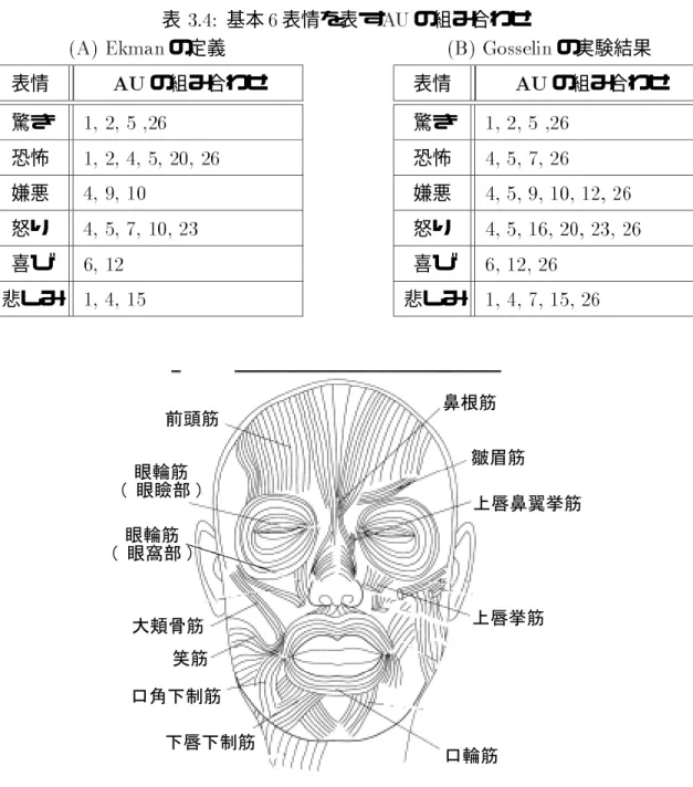 表 基本 表情を表す の組み合わせ の定義 表情 の組み合わせ 驚き 恐怖 嫌悪 怒り 喜び 悲しみ     の実験結果表情 の組み合わせ驚き恐怖嫌悪怒り喜び悲しみ 図 主な表情筋 と表情筋の関連 前項で示した表 の各表情筋の配置と機能を、 項で述べた に対応させる と表 のようになる。表 では、 舌を見せる のように基本表情に直接関係が ないものや表情筋の収縮 弛緩に無関係なものは記載していない。基本 表情と の 関係を示した表 、および と表情筋の関連を示す表 を用いることにより、基 本 表情がどのよう