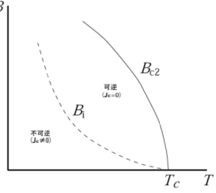 図 1.5 温 度 - 磁 界 平 面 上 の 相 境 界 B c2 (T ) と 不 可 逆 曲 線 B i (T ) 1.5 不 可 逆磁 界 一 般 に欠 陥つ まり ピ ンを 含ん でい る 超伝 導体 は、外 部磁 界 が下 部臨 界磁 界 B c1 を越えると磁束線が超伝導体内に侵入する。すると磁化曲線は外部磁 界 の 増 減 に 対 し て 可 逆 に な ら ず、 ヒ ス テ リ シ ス を 持 つ。 一 般 に 知 ら れ た 臨 界 状 態 モ デ ル に よ れ ば、 そ の 磁 化 