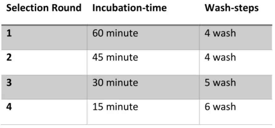 Table 4. Selection conditions for each round SELEX for subtype-H1N1 of Influenza A virus  Selection Round  Incubation-time  Wash-steps 