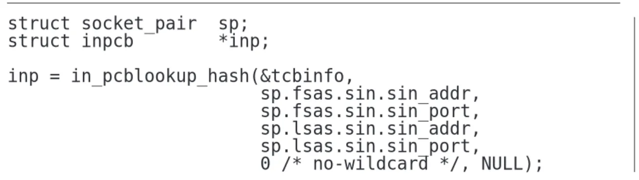 図 5.5: in pcblookup hash() 関数の引数 - /sys/net/csm.c ．