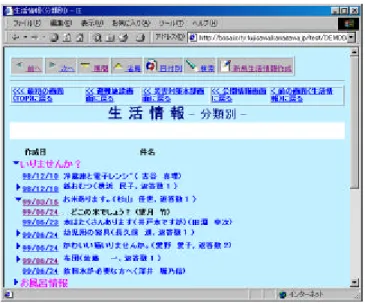 図   7 NTT 被災地情報ネットワーク 情報提供画面例 A.  情報の抽出  一旦提供された情報に対し、関連する情報の自由な投稿を可能とすることによって、サ ービスの内容に従い情報をグループ化できるようになっている。し かし、情報に対する 表題付けが登録者の任意で行われるため、必ずしも適切なグループが形成されるとは言 えない。加えて、登録されている情報を検索する仕組みが用意されていないため、この システムによって必要な情報を的確に得ることは難しい。  B