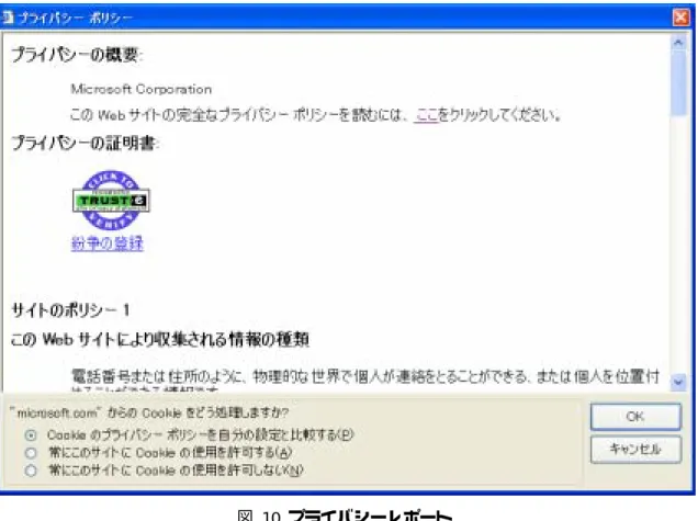 図 10 プライバシーレポート  このレポートは、対応しているウェブサイトの数が限られる上、内容・文体が法律文のよう で一般的な人には難しすぎ、詳しい人でも正確に判断しようと思えば時間を取られてしまう 恐れがある。その結果、快適なブラウズを阻害してしまうのである。  また、PICS は事実上の検閲システムといえる。有害なコンテンツの閲覧を回避するとい う概念は個人情報保護目的にも十分応用可能であるが、裏を返せば格付けを行うことで受信 者は情報を制限され、また送信者は PICS に対応させたが故にアクセスを逃
