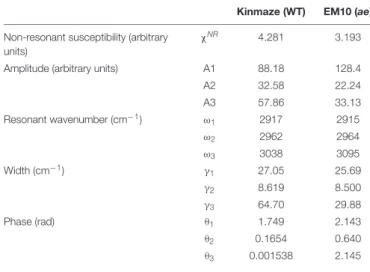 TABLE 2 | Parameters used for fitting the SFG spectra of starch granules in mature kernels from a be2b mutant line, EM10 and its host wild-type japonica cultivar Kinmaze to the theoretical curve in Eq