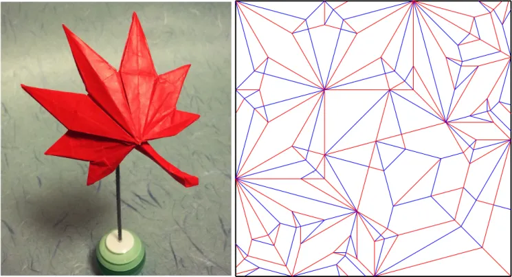 Fig. 1 “Maple leaf” designed and folded by the first author (left). Its crease pattern is based on 15 ◦ unit angle (right).
