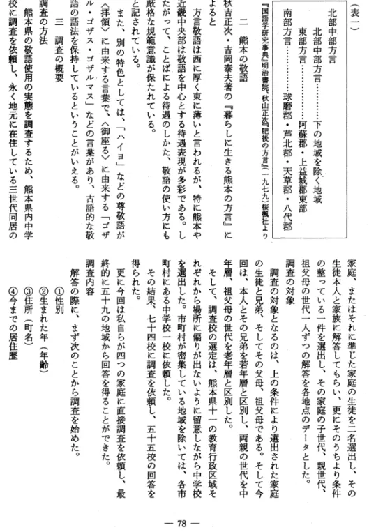 表 一 ︶北部中部方言 北 部 中 部 方 一 言 口 ： ・ ・ ・ ・ ・ ・ ・ ・ ・ ・ 下 の 地 域 を 除 く 地 域東部方言：：：：・ji−−阿蘇郡・上益城郡 東 部南部方言：：：ji−−球磨郡・芦北郡・天草郡・ 八 代 郡星学研究昌事明治書院秋山喜正DE後の方望ヨト九七九桜楓 社 よ り二熊本の敬語秋吉正次・吉岡泰夫著の﹃暮らしに生きる熊本の方言﹄にトιマ 。 ル方言敬語は西に厚く東に薄いと言われるが、特に熊本や﹂近畿中央部は敬語を中心とする待遇表現が多彩である。したがって、ことばによる