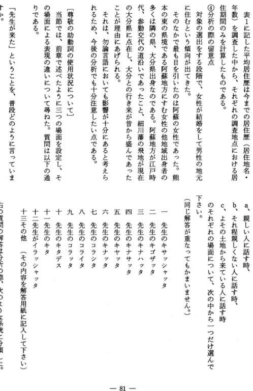 表 1 に記した平均居住歴は今までの居住歴︵居住地名・年数︶を調査した中から、それぞれの調査地点における居住期間のみを計算したものである。④分析の際の留意点対象の選出をする段階で、女性が結婚をして男性の地元に住むという傾向が出てきた。そのなかで最も白を引いたのは阿蘇の女性であった。熊本の東の県境である阿蘇地方にすむ女性の他地域出身者の多くは隣の県、大分県出身なのである。阿蘇地方が江戸時代、参勤交代の道沿いであったこと、細川藩の飛地が現在の大分県に点在し、大分との行き来が昔から盛んであったことが理由にあげられ