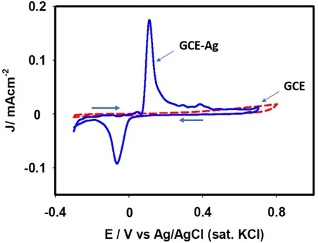 Figure 4 shows the cyclic voltammograms of 0.1 M PBS at a scan rate of 0.1 V s -1  using  GCE and silver-deposited GCE between -0.3 and 0.8 V