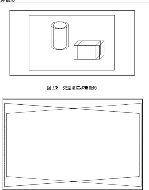 図 2.5 交差法による撮影 図 2.6 交差法による台形歪み：点線は左のカメラによる映像，実線は右のカメラによる映像 を感じられなくなる。このように被写体までの距離を配慮し、飛び出し感を調整するため に適切なステレオベースを設定する必要がある。 2.5 ２眼式 立体撮影カメラの検討 ２眼式カメラには、１台のカメラのレンズ部分にステレオアダプターを取り付けて時間 差で左右の映像を高速に切り替えて撮影する１カメラ方式と、２台のカメラを用いて撮影 する方式がある。１カメラ方式では左右の映像を時間差で撮影するため
