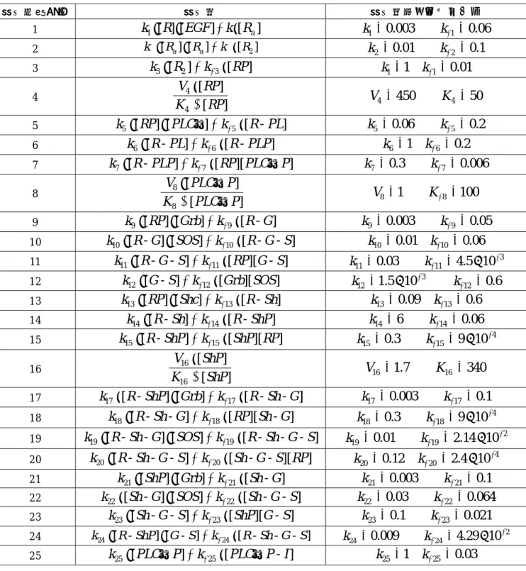Table 4.1  Kholodenko モデルの反応式とパラメータ  反応経路番号  反応式  反応式係数パラメータ  1  k 1 ⋅ [ R ] ⋅ [ EGF ] − k ⋅ [ R a ] k 1 = 0 